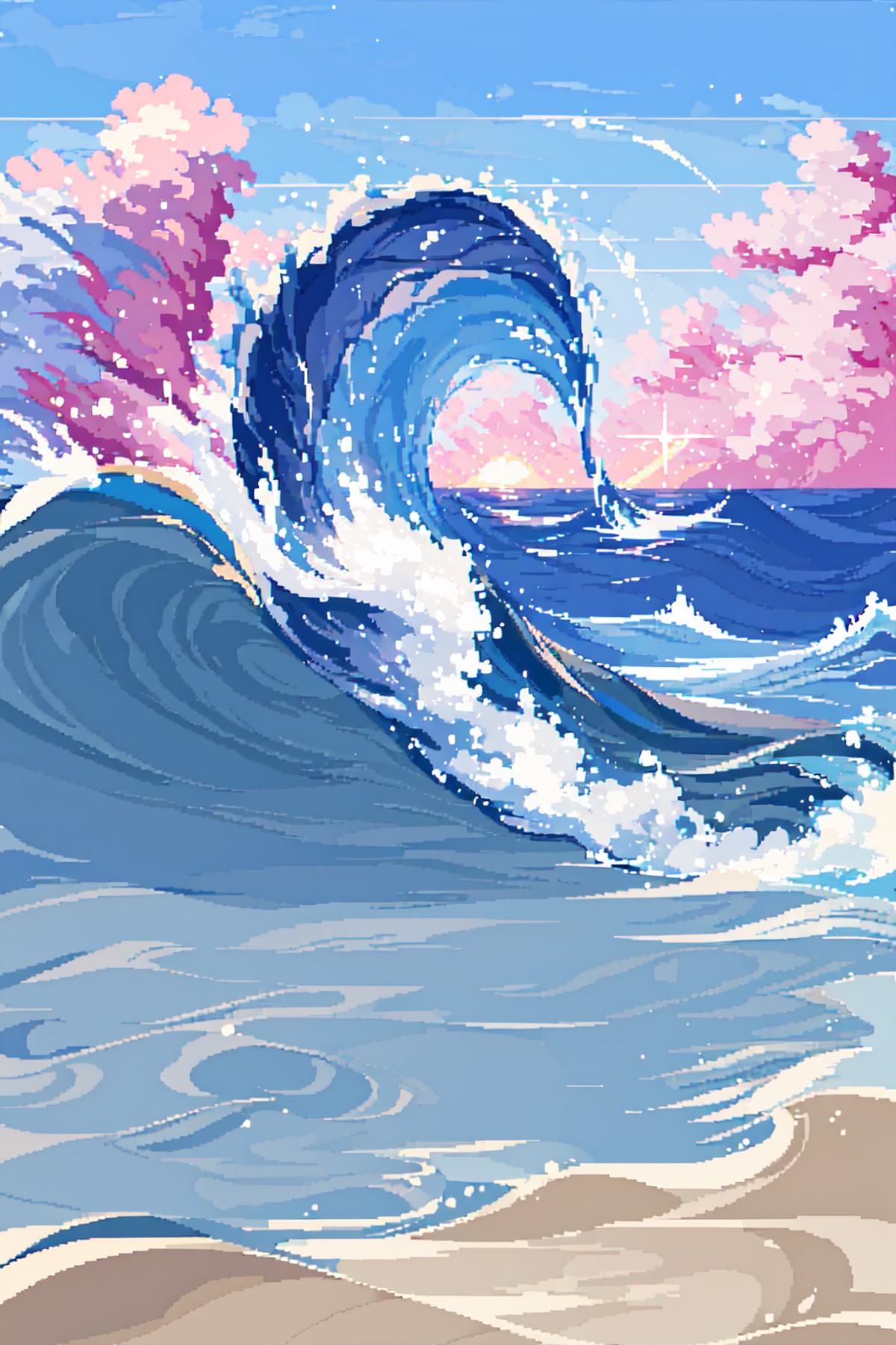 masterpiece, best quality,pixel art,  <lora:Pix:1>,no_humans,water,wave.sea